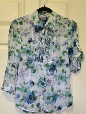 Laura Ashley Floral 100% Cotton Swiss Dot Ruffle Button Down Blouse Size Small